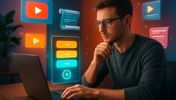 Young creator assesses pricing tiers and YouTube thumbnails on laptop in a vibrant studio