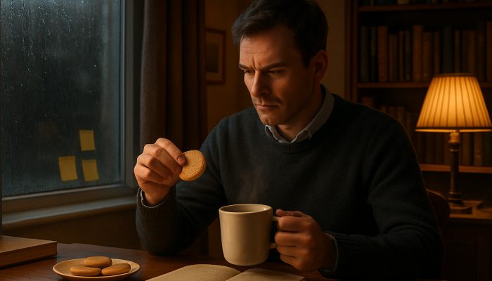 British individual rewarding a task with tea and biscuits in a cozy London study during rainy weather