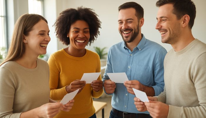 British office colleagues laughing while sharing handwritten thank-you notes during a low-cost team-building activity.