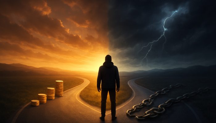 Individual at crossroads deciding between payment plan with coins versus new loan with debt chains
