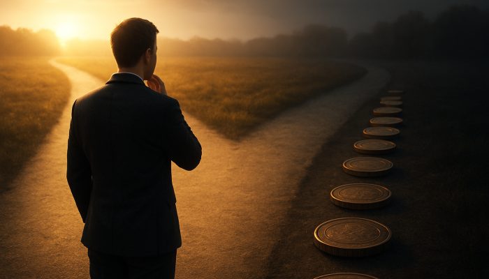 Borrower at glowing crossroads selecting a sunlit debt-free path over a shadowed interest-laden loan road