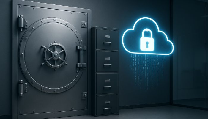 Secure vault with locked filing cabinets and encrypted cloud storage for settlement documents