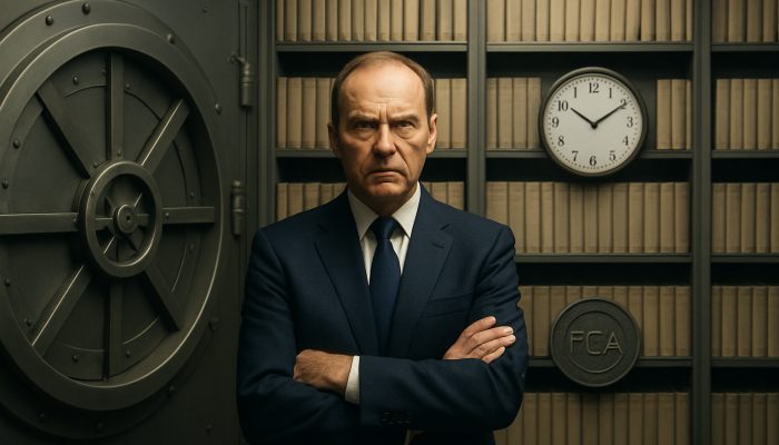 UK FCA regulator overseeing vault of financial ledgers with a ticking clock for record retention compliance