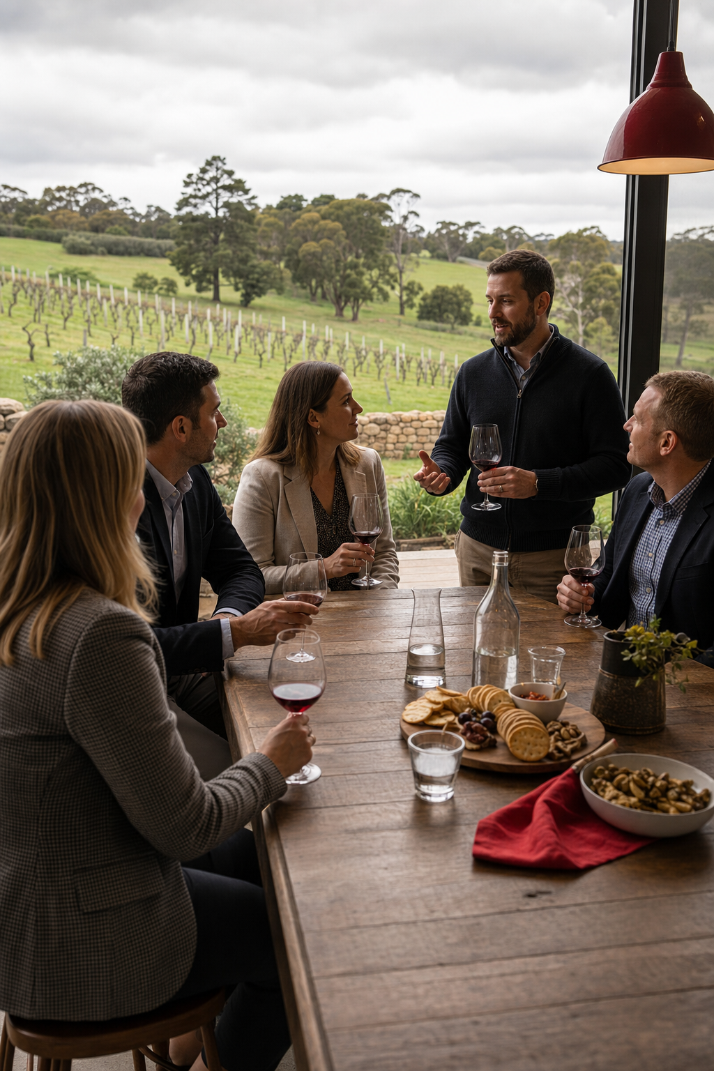 Macedon Ranges boutique wine tour showcasing a corporate group during a cellar door tasting.