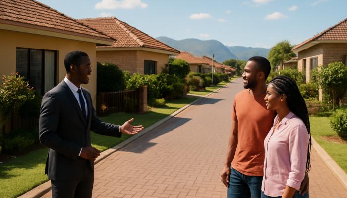 Couple viewing modern homes on a lively Thohoyandou street with a real estate agent under a sunny sky.