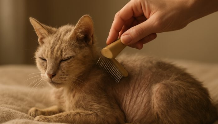 A groomer gently brushing the thinning fur of a frail elderly cat on a soft blanket in warm light