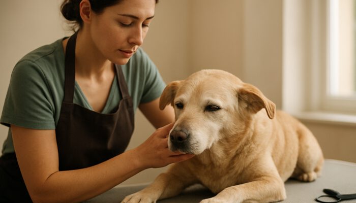 A groomer monitoring an elderly dog's breathing and posture during a calm, peaceful grooming session.