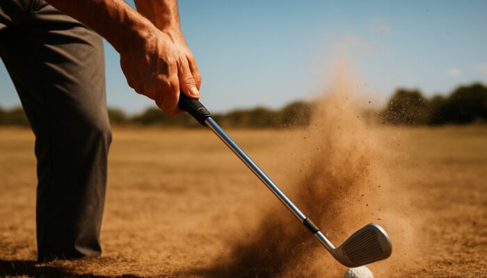 Close-up of golfer's hands gripping club for low stinger shot on dusty Johannesburg fairway