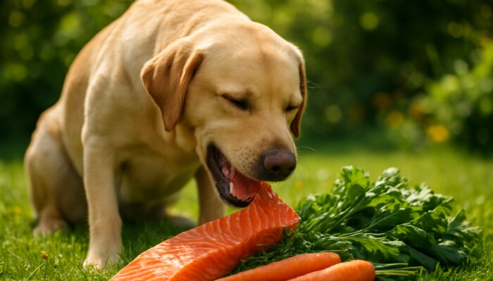 Content Labrador enjoying raw salmon and vegetables in a sunny garden for natural pet wellness