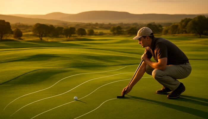 Golfer analysing slopes on vibrant South African Highveld putting green with visualised ball path