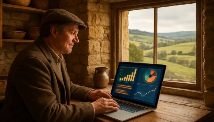 Stonehouse shopkeeper reviews CMS dashboards on laptop in cozy Gloucestershire stone storefront with Cotswold hills
