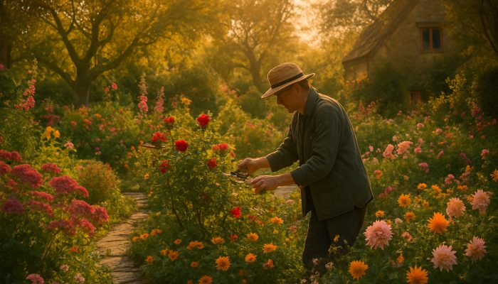 Gardener pruning roses in a vibrant Martock cottage garden during the golden hour, surrounded by stone paths.