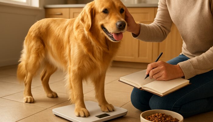 Owner weighs an energetic golden retriever on a scale while inspecting its coat in a sunlit kitchen