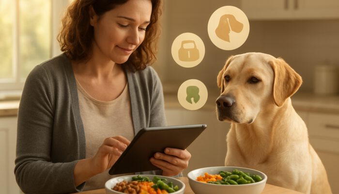 Owner reviews Labrador health data on a tablet next to tailored nutrition bowls in the kitchen