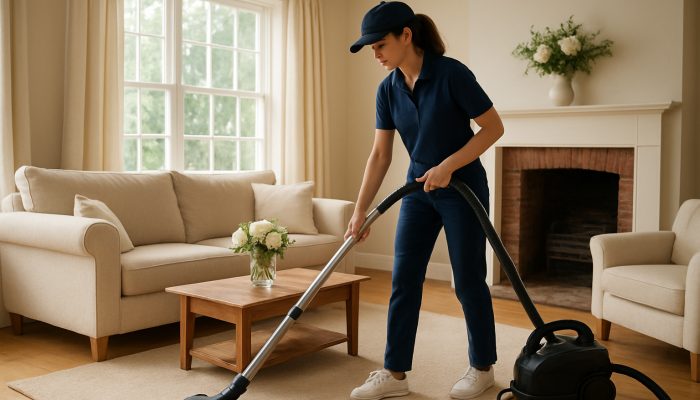 Professional cleaner vacuuming a sunlit living room in a cosy Martock cottage decorated with fresh flowers.