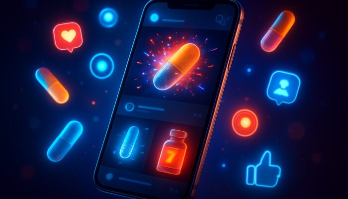 Futuristic neon smartphone showcasing X feed with dynamic supplement advertisements and glowing capsules.