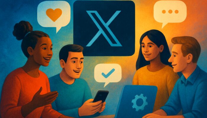 Brand interacting with diverse customers on X via polls, speech bubbles, and real-time feedback