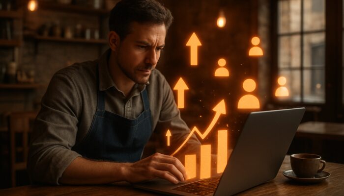 Tiverton shop owner reviews glowing marketing charts on laptop amid floating growth arrows and customer icons