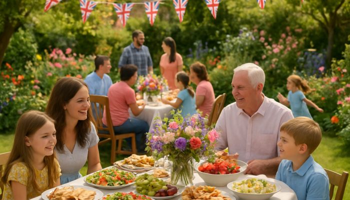 Families enjoying a vibrant British garden party with floral centrepieces and catering platters for milestone celebrations.