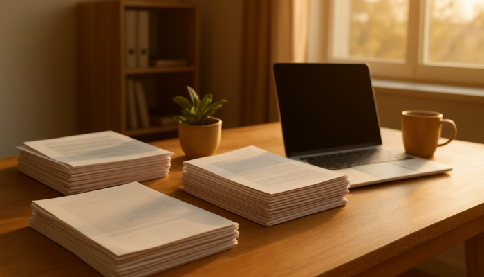Tidy desk in Beaufort West office with stacked loan documents like bank statements under warm sunlight.