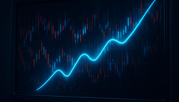 Cyberpunk trading terminal with glowing blue TRIX oscillator slicing through candlestick charts to reveal upward trends