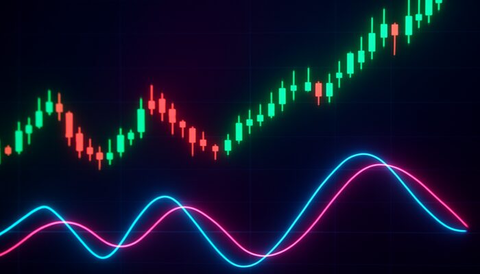 Interactive trading screen displaying Trix indicator crossovers, divergences, and rising price candles in a vibrant interface.