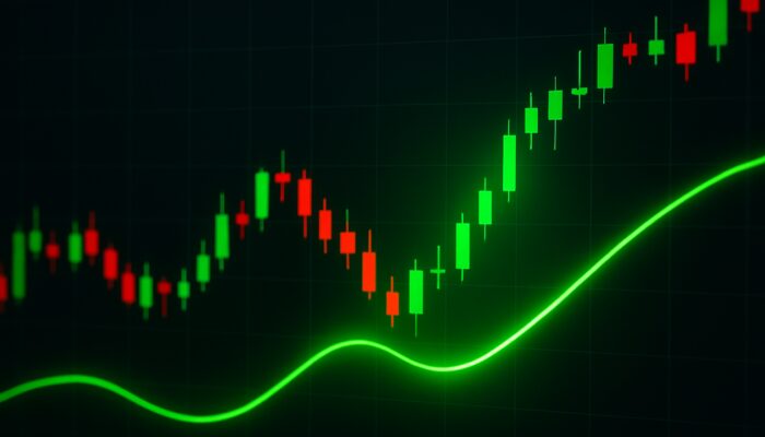 Trading chart with the green Trix line crossing above zero, surrounded by candlesticks indicating a bullish buy signal