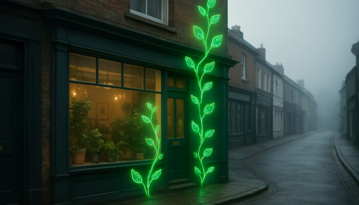 Charming British storefront adorned with glowing SEO vines on a misty UK high street