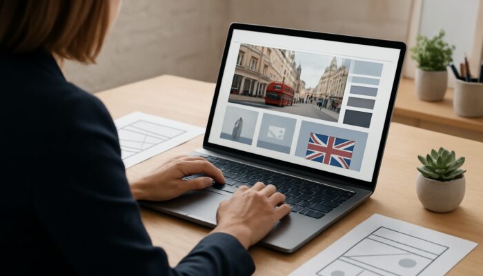 Designer creating a sophisticated WordPress website with British design elements on a laptop in a Marlborough studio