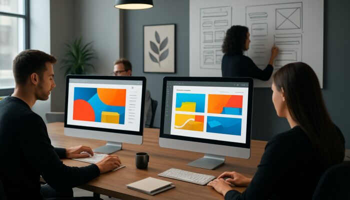 Expert designers in a vibrant Marlborough studio crafting dynamic WordPress websites on illuminated screens.