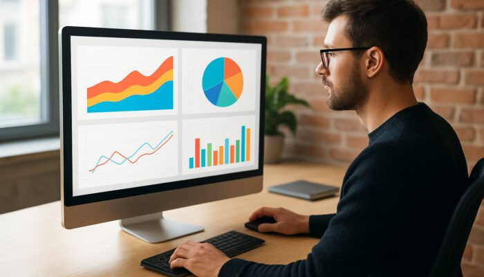 Web designer analysing Google Analytics dashboards with vivid KPI charts in a Marlborough office