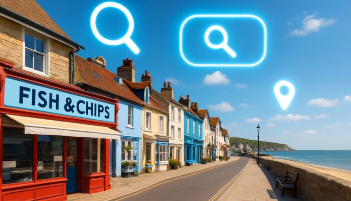 Vibrant Swanage promenade with fish and chip shops and glowing location keywords