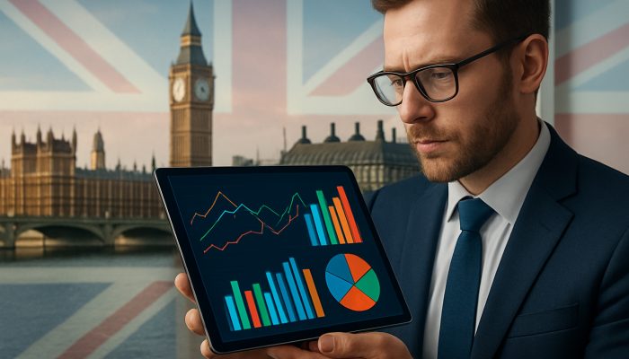 Using Charts or Apps to Show Balances Falling | DCL British analyst reviews colourful finance charts on tablet with London skyline and Union Jack motifs