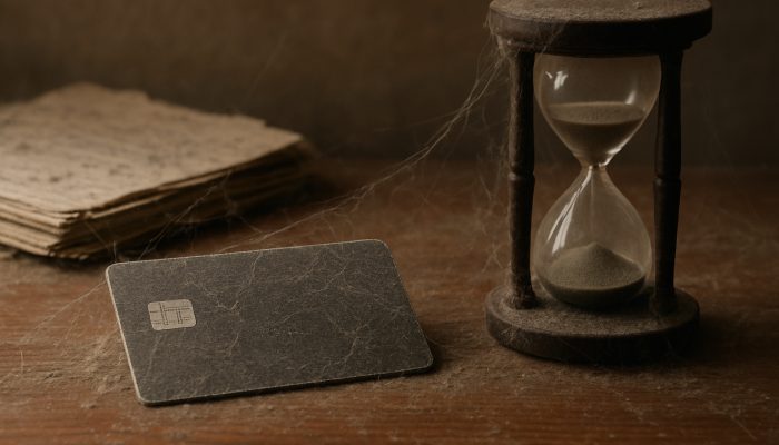 Keeping Cards Open but Not Using Them: Credit Tips | DCL Dusty dormant British credit card on desk with hourglass and fading bank statements, symbolising account closure risks
