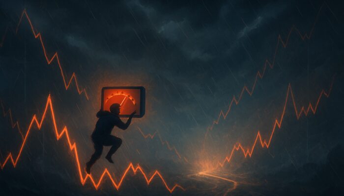 Trader focused on fluctuating RSI gauge amidst turbulent market with converging charts ahead
