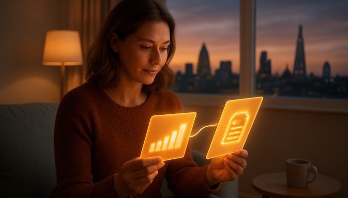 Combining Store Cards Into One Payment: Simplify Finances | DCL British shopper merges glowing store cards into consolidation loan with interest charts in London flat at dusk