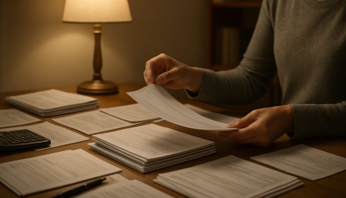 Individual organising payslips and bank statements on a cluttered desk under lamplight in a home office.