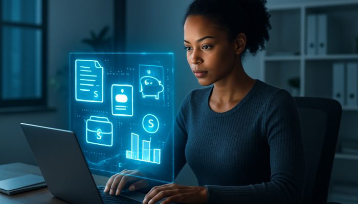 Resetting After a Heavy Spending Period: Smart Recovery Tips | DCL Person reviewing glowing financial dashboard showing salary, pension, and side hustle icons in modern office